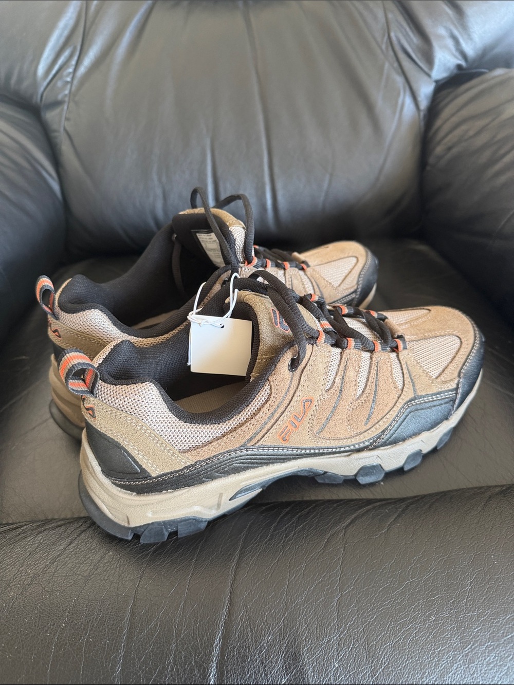 Fila Men's Tan and Black Trail Sneakers with Orange Accents